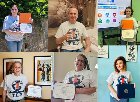 Clockwise from top left: 2024 Transatlantic Educators Dialogue (TED) program participants Eleonora (Georgia); Adam (Poland); Raquel (Spain); Marina (Ukraine); Tiffany (U.S.); and Clay (U.S.)